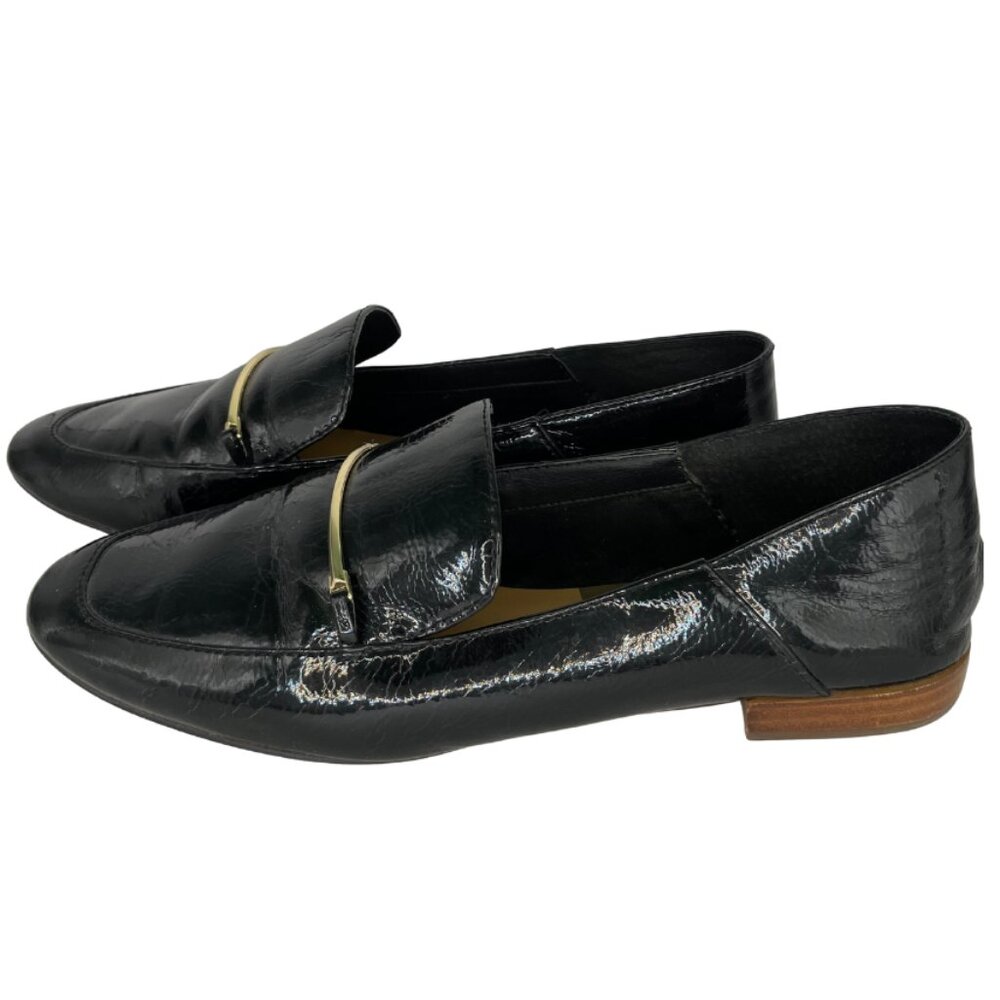 Black Patten Leather Dolce Vita Stella Loafers with Gold Hardware